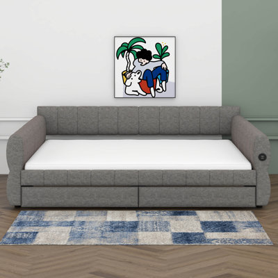 King Size Upholstered Platform Bed With USB And 2 Drawers, No Box Spring Required