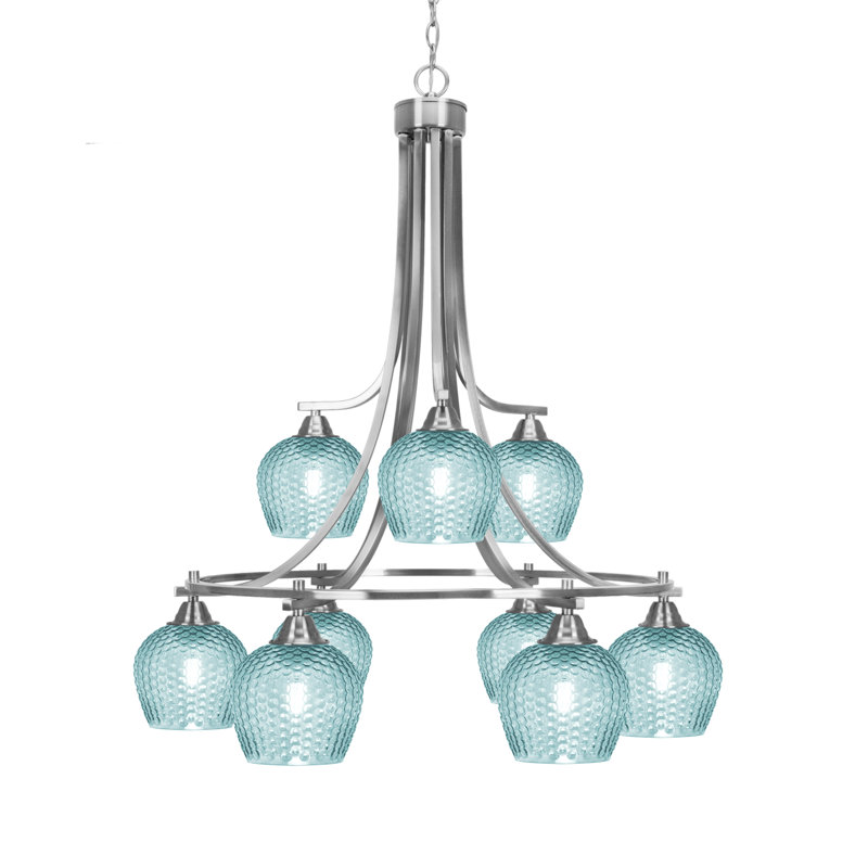 Lustre en cristal 6 lumières à finition nickel brossé 6 lumières Mukkesh, Sarcelle, Nickel brossé