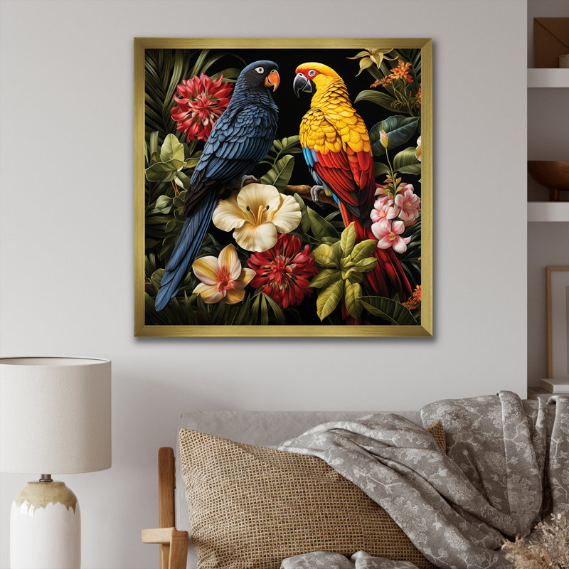 Perroquets tropicaux bleus - art mural perroquet, Or, H 16 po x l 16 po