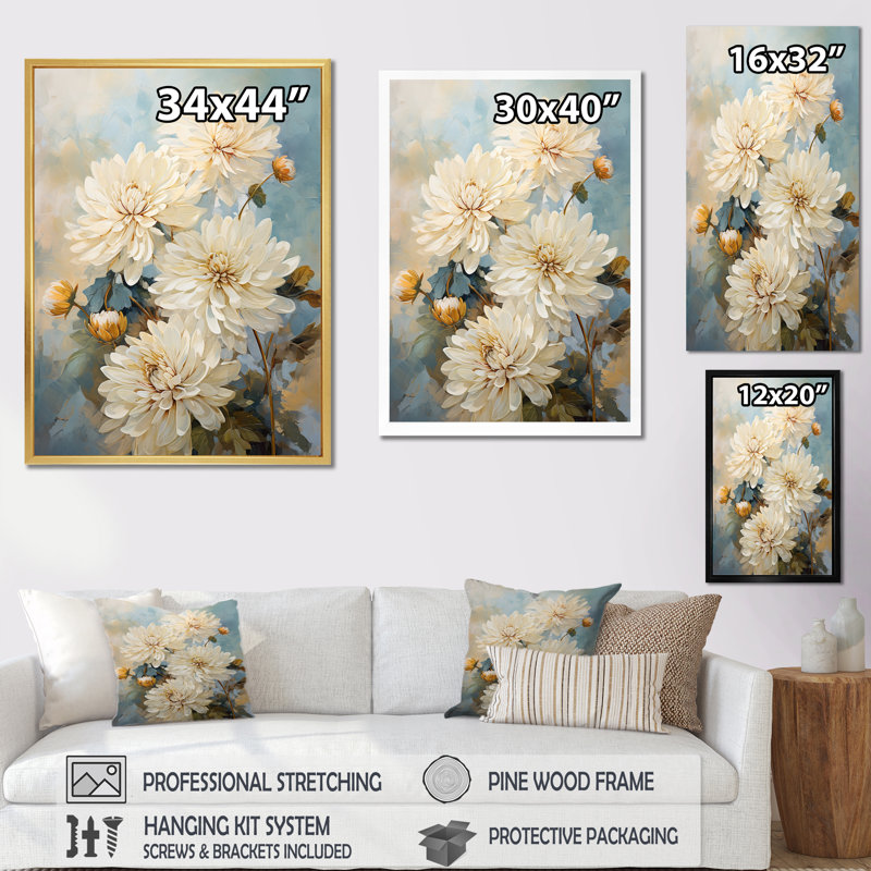 «Beige Mums In Bouquet Bliss», reproduction sur toile, Cadre simple noir, H 44 po x l 34 po x P 1,5 po