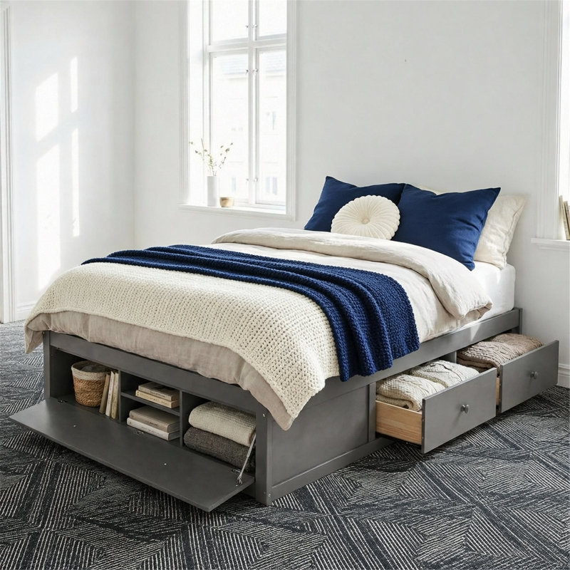 Platform Bed Frame With 4 Storage Drawers And Footboard Storage, Gray