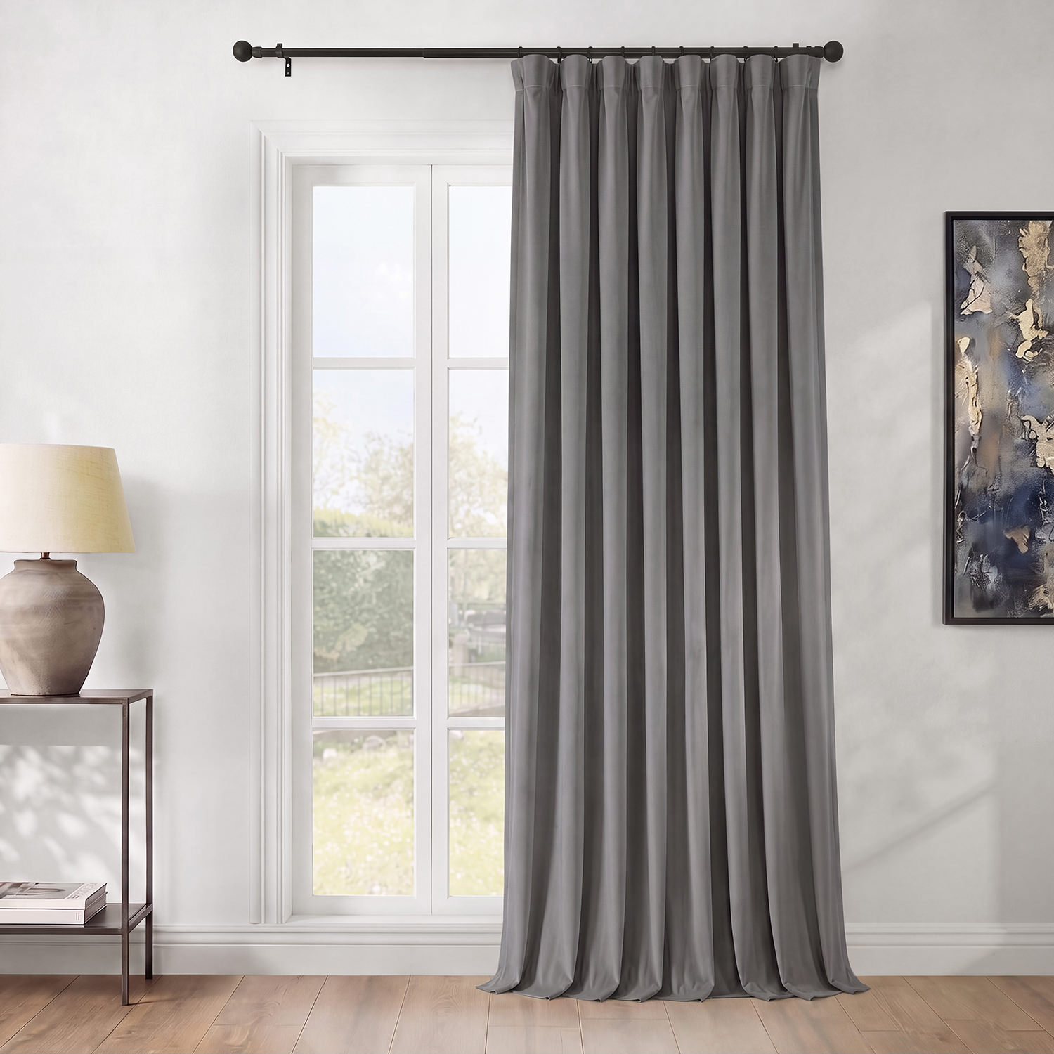 Matra Plush Velvet Room Darkening Curtain Panel, Destiny Gray, 100" W x 96" L