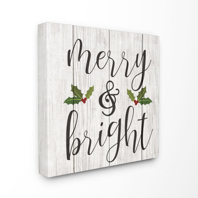 " Holiday Typography Merry And Bright With Holly Planked Look "