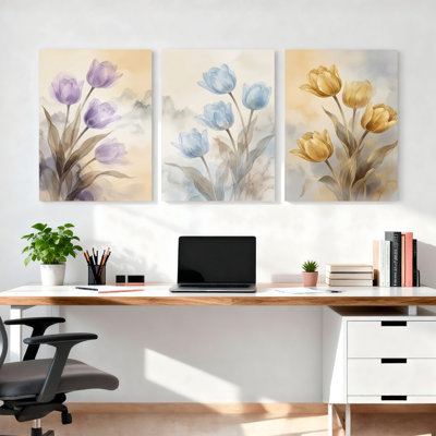 Ensemble de 3 tableaux muraux aquarelle de tulipes, parfaits pour le salon, la chambre à coucher ou la décoration intérieure.