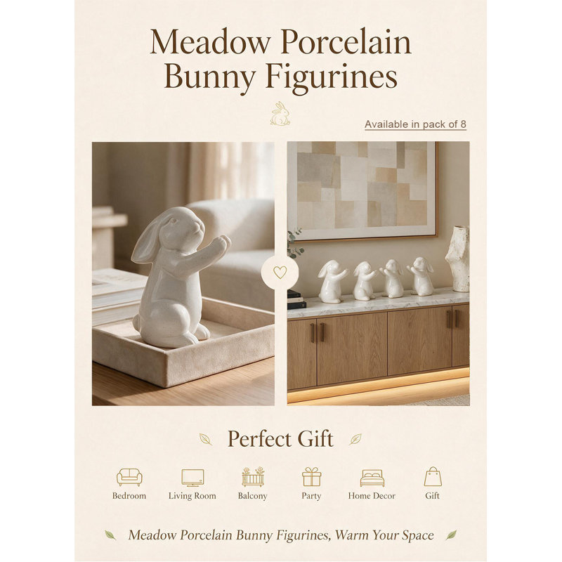 Figurines de lapin en porcelaine Meadow, décorations de Pâques de lapin blanc, décorations de table printanières pour plateaux étagés, manteaux et décoration intérieure, 5 po de diamètre et 6,5 po de hauteur