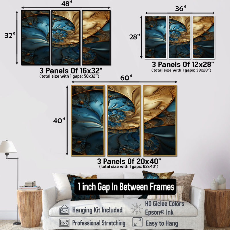 «Warm Gold Deep Ocean Fractal», ensemble de reproductions d'art mural, H 28 po x l 36 po x P 1 po, Encadrement argenté
