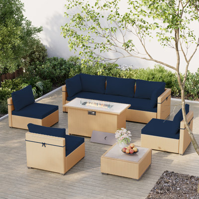 Ensemble de conversation d'extérieur en osier pour 6 personnes avec table de foyer, table basse et couvercle en verre Filora