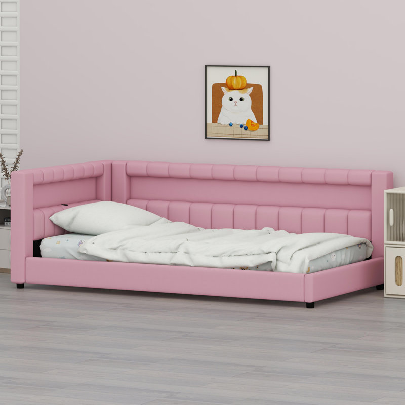 Minimalist Platform Bed Equipped with USB Charging Stations and Soft LED Glow, Pink