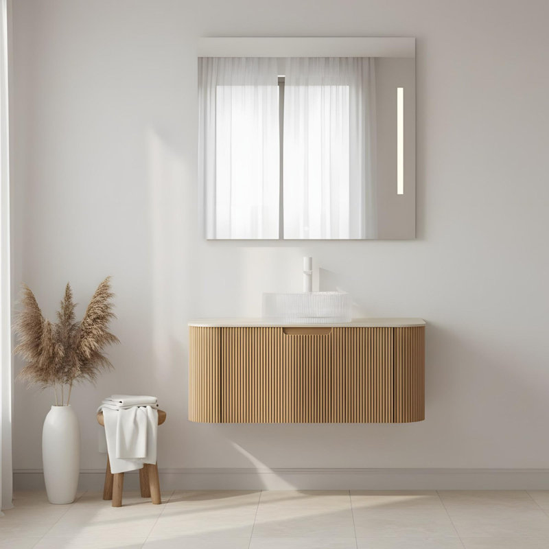 Meuble-lavabo flottant mural 36 po avec lavabo rond en verre transparent et tiroir, 36"