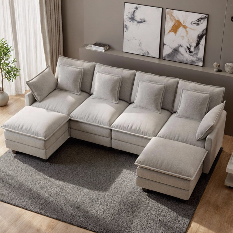 Canapé modulaire en U en chenille 6 pièces avec deux repose-pieds George, Gris