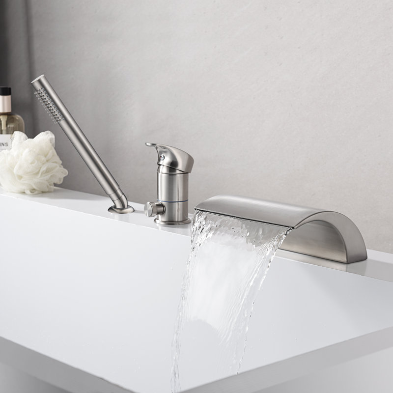 Waterfall Tub Faucet, Deck mount Bathtub Faucet with Handheld Shower, Brushed Nickel