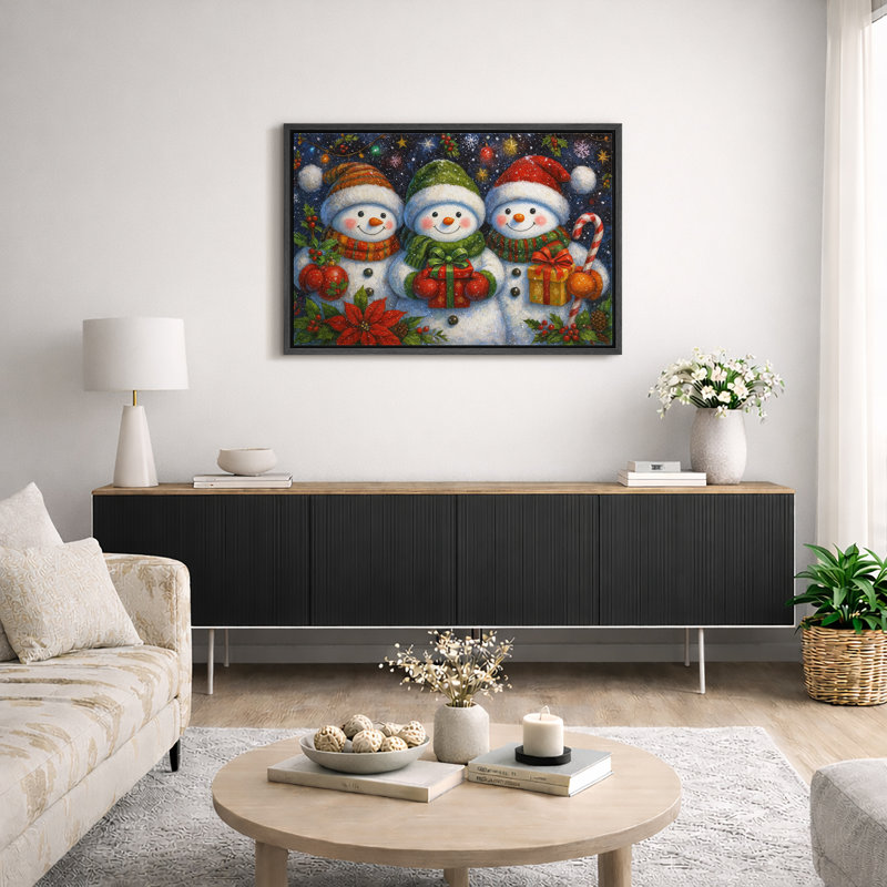 «Christmas Snowmen Artwork Holiday Cheer», reproduction d'art sur toile encadrée, H 16 po x l 24 po x P 1,5 po, Cadre noir