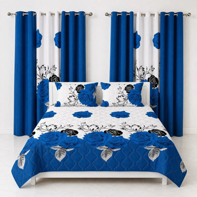 Ensemble de literie et de rideaux pour grand lit 9 pièces bleu royal et rose noire (grand) - Couvre-lit matelassé en microfibre + voilages