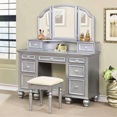 Meuble-lavabo argenté 1 pièce avec tabouret, style transitionnel, miroir à 3 côtés, tiroirs en bois massif pour le rangement et l'apparence de la chambre à coucher,