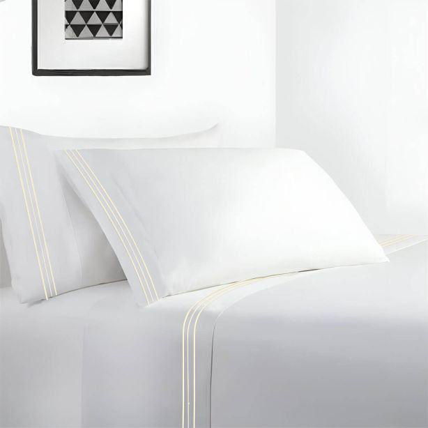 400TC Cotton Sateen Classic Embroidery Cotton 4 Piece Sheet Set Fitted Sheet Fits Upto 16" Deep Pocket, Full Sheet Set, Ivory