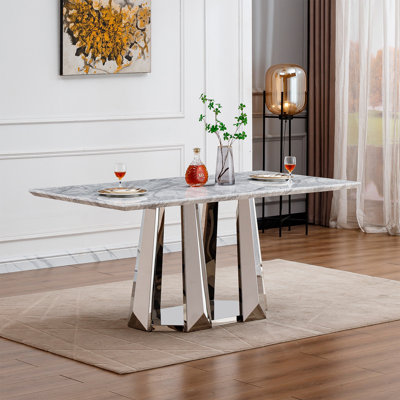 Marble Dining Table For 6 People, 70'' Rectangle Faux Marble Dining Table With Mirrored Finish Stainless Steel Base, Modern Large Size Marble Kitchen Table (Silver,White)(Only Table)
