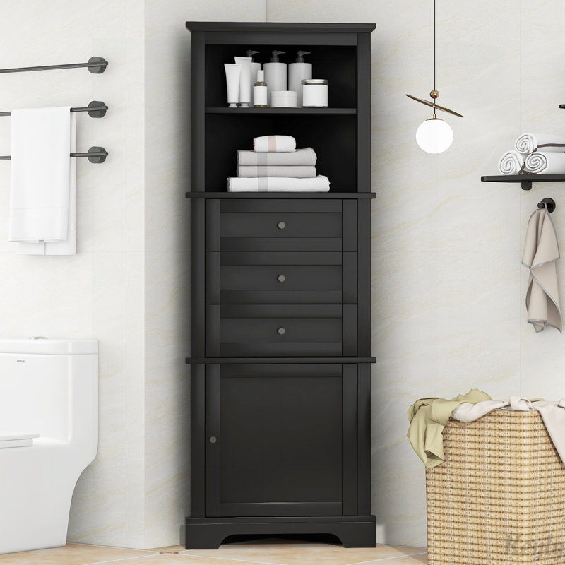 Armoire haute avec 3 tiroirs et tablettes réglables pour la salle de bain, Noir