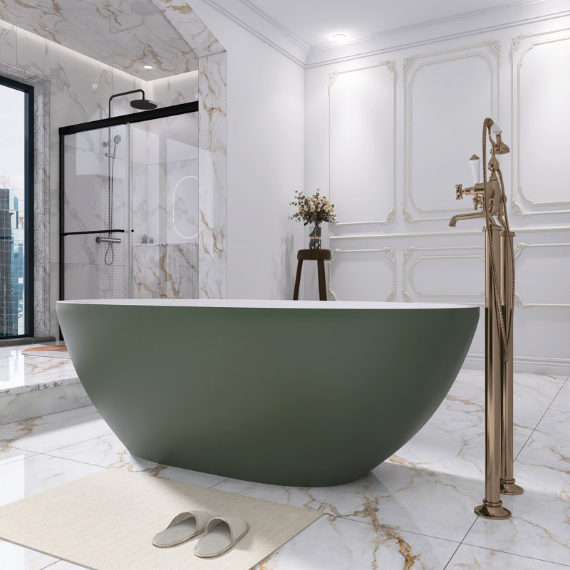 65 In. X 30 In. Solid Surface Freestanding Flatbottom Soaking Bathtub In Green