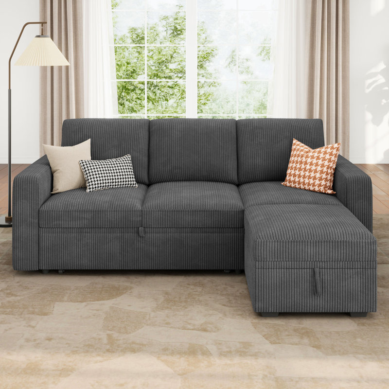 Anureet L-Shaped Sectional Modular Sofa Bed With Storage Seat, Gray Corduroy