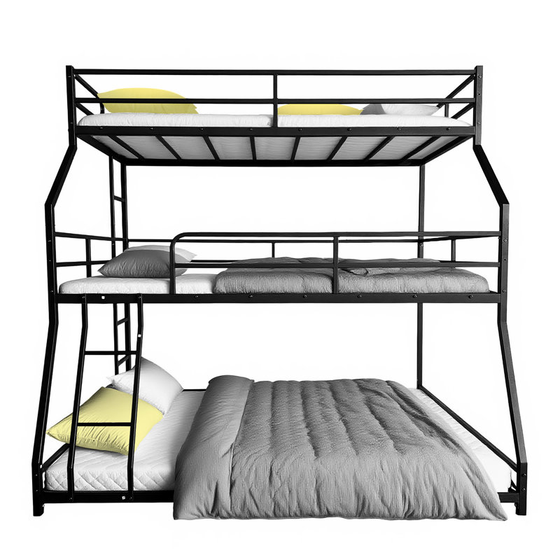 Lit triple en noir, long et court, peu encombrant, look moderne, idéal pour les petites chambres, lit en métal noir, facile à assembler, échelles encastrées, pièces de rangement