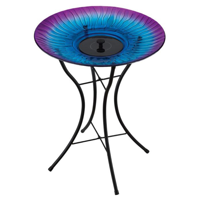 18" Purple and Blue Glass Solar Fountain Birdbath with Stand