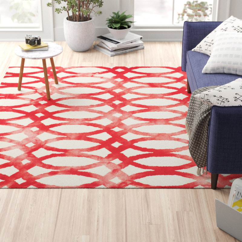 Amekia Hand Tufted Wool/Cotton Geometric Rug in Red/Ivory, Rectangle 5' x 8'