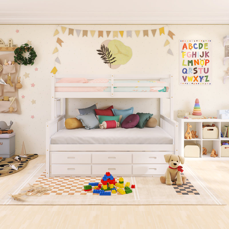 Wood Frame Twin Over Full Size Separable Bunk Bed With Drawers And Twin Size Trundle, White