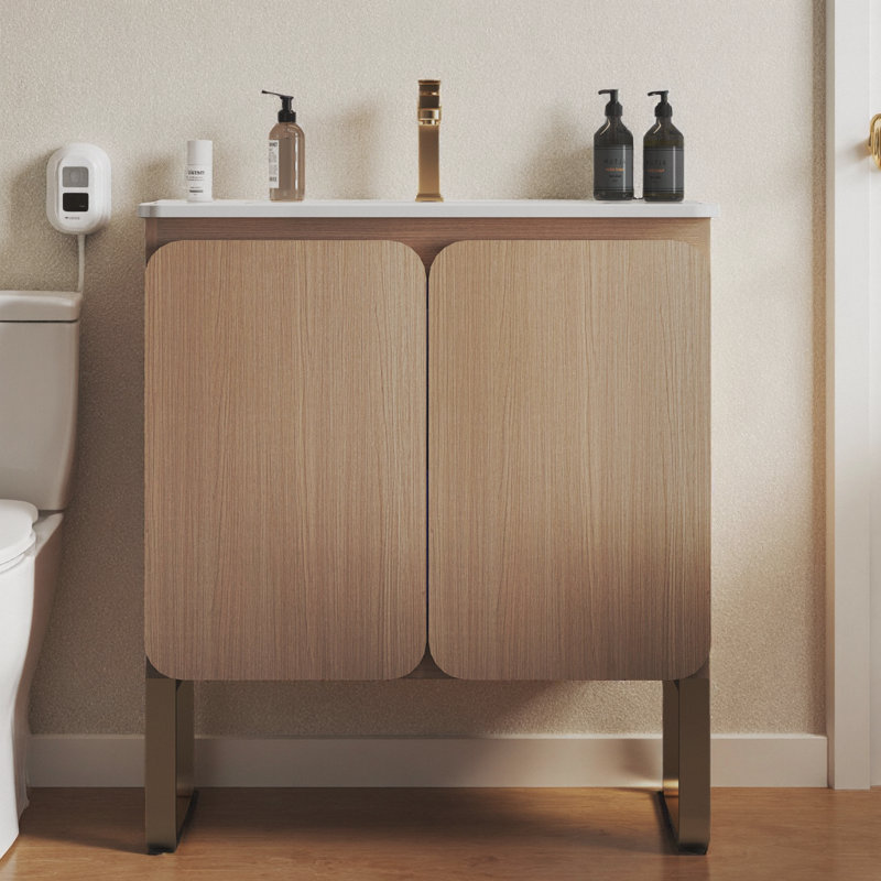 30" Light Oak Bath Vanity with Ceramic Sink - Soft Closing Doors, Modern Freestanding/Wall Mount Design