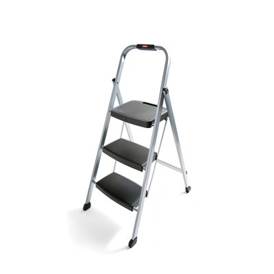 3-Step Steel Ladder,Folding Step Stool With Hand Grip And Non-Slip Feet, Silver, Tested To ANSI US Safety Standards, No Assembly Required