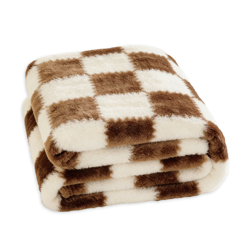 Checkered Lightweight Soft & Cozy Flannel Fleece Throw Blanket for Sofa & Bed in All Season, Camel/White, 130cm x 150cm