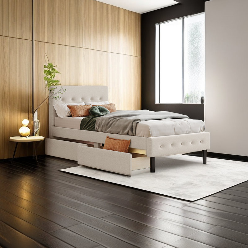 Upholstered Platform Storage Bed, Beige