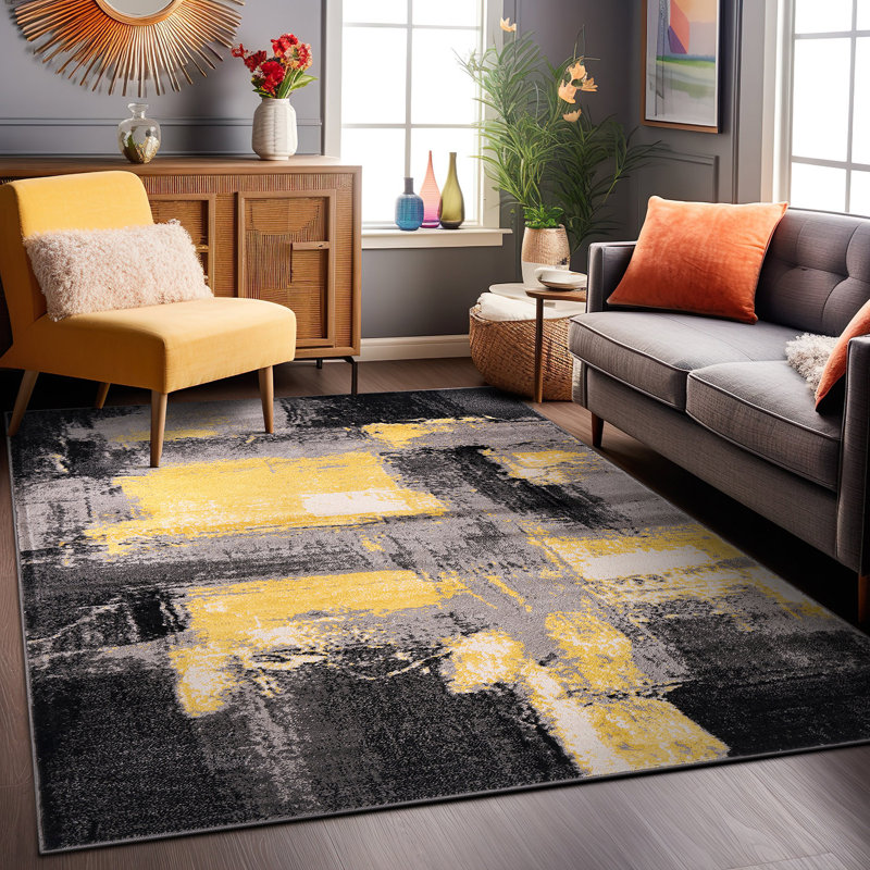 Rambo Performance Abstract Yellow/Black/Gray Area Rug, Rectangle 5' x 7'