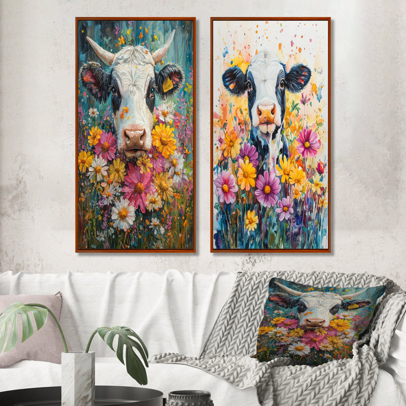 Cow Cow Daisies With Hibiscus I - Collection d'art sur toile 2 animaux, H 40 po x l 41 po, Cadre flottant brun