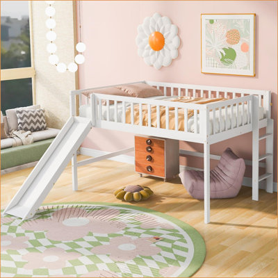 Lit mezzanine double en bois de pin avec glissade et amp; Échelle, blanc - aucun sommier requis
