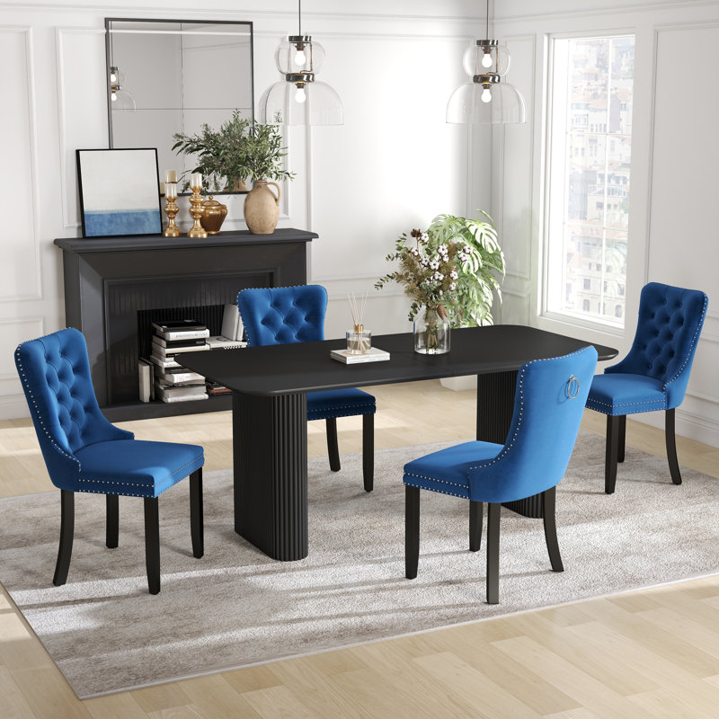 Ensemble de salle à manger rectangulaire à double piédestal avec table de salle à manger de style crème, 5, Bleu