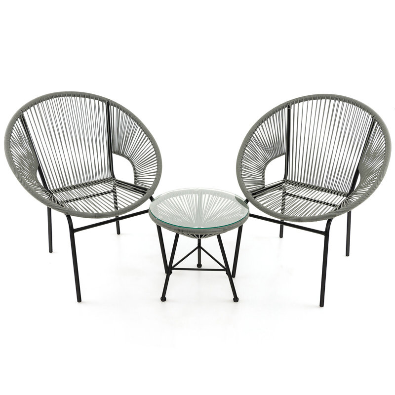 Corrigan Studio 3 Pieces Acapulco Chair Set Wicker Conversation Bistro Set w/ Tempered Glass Table
