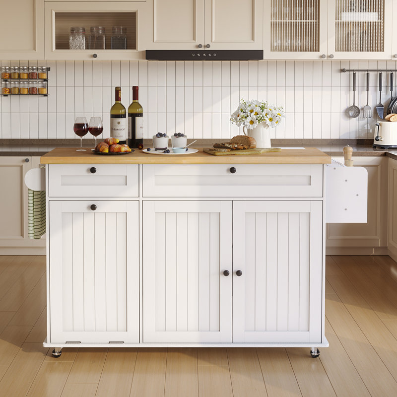 Jamera 60.2"W Kitchen Island with Two Large Storage Cabinets And Drawers, Locking Wheels, Oak/White
