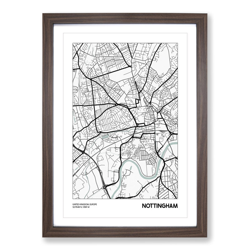 Map Nottingham UK - Picture Frame Graphic Art, 36cm H x 27cm W x 2cm D, Walnut