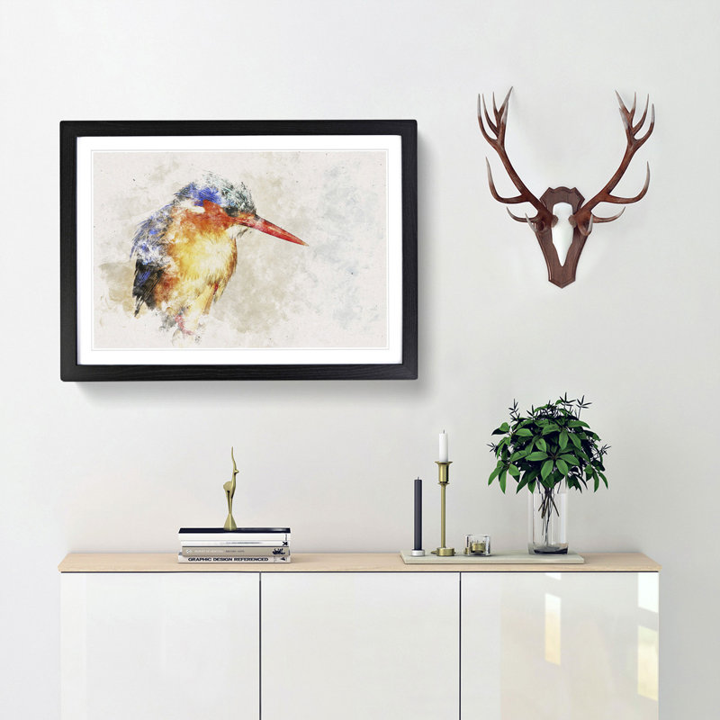 Exquisite Kingfisher Bird - Picture Frame Painting Print, 62cm H x 87cm W x 2cm D, Black Framed