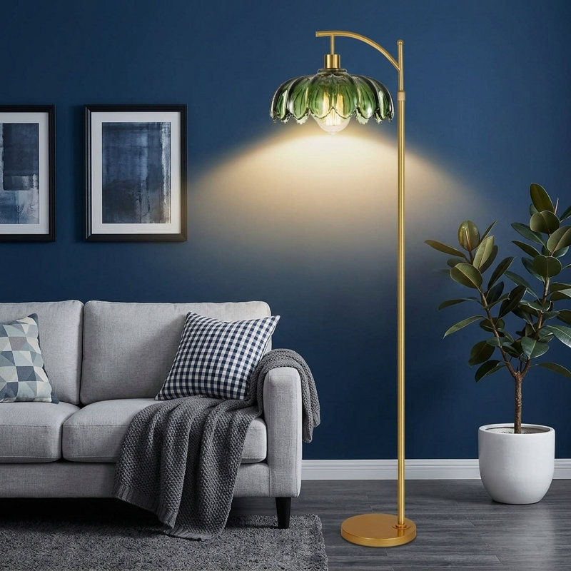Gold Dimmable Arc Floor Lamp With Remote, Glass Shade Green Flower Design, Mid-century Modern Brass Tall Standing Lamp, Boho Vintage Retro Style For Living Room Bedroom, Bohemian