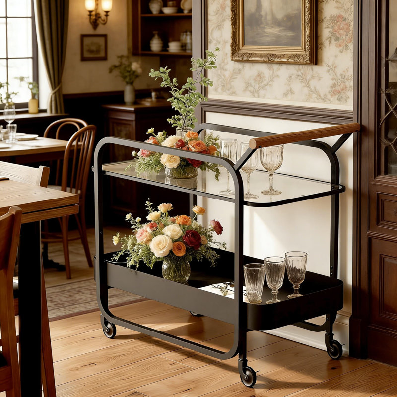 Industrial Bar Cart With Tempered Glass Top And Wine Bottle Grid, Rolling Drink Cart With Metal Frame, Wood Shelf And Locking Wheels