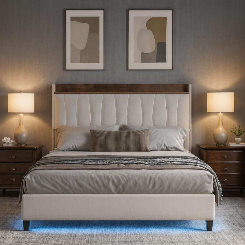 Full/Queen/King Size Floating Bed Frame w/ Lights and Storage Headboard, Full/Queen/King Upholstered Metal Platform Bed with Charging Station