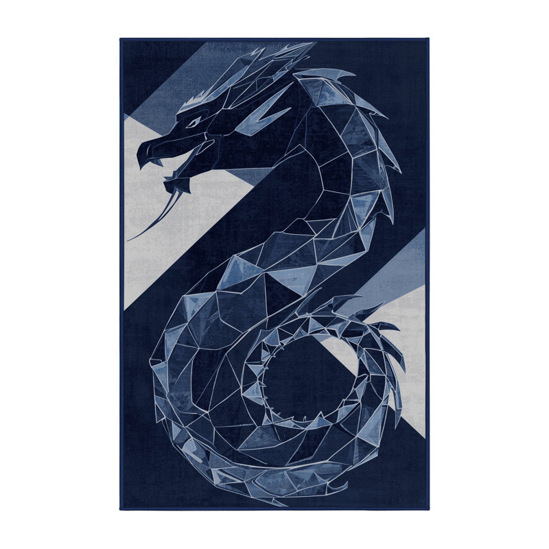 Machine Washable Peirsen Dragon Modern Geometric Rug in Blue – Navy Binding, 4x6