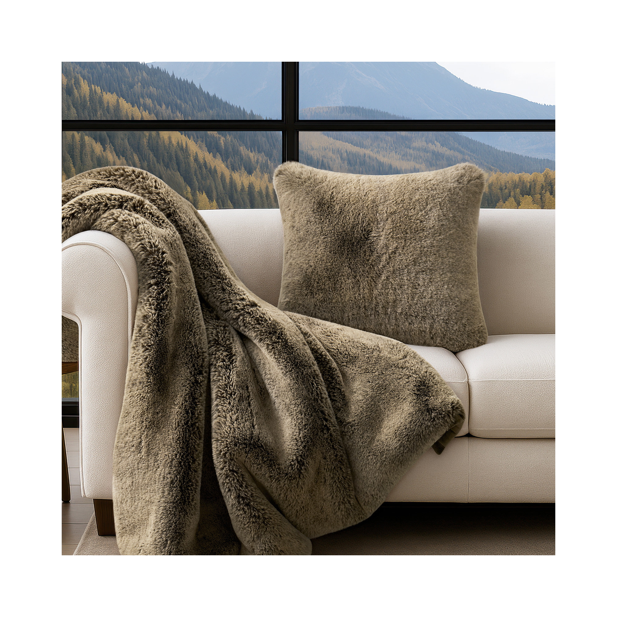 Luxury Soft Faux Chinchilla Fur Throw Pillow Cover 1 Pack, 20”x20”, Brown Sable, Square 20"