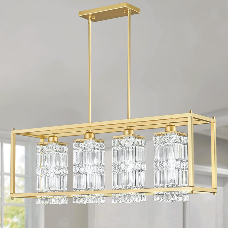 Lustre moderne en cristal avec hauteur réglable pour la salle à manger, l'îlot de cuisine et le salon, Or, Or, 4