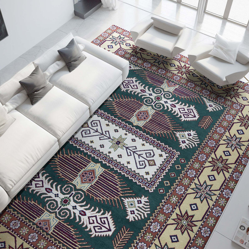 Kazak Wool Oriental Area Rug in Green/Maroon/Brown/White, Rectangle 3'11" x 5'9"