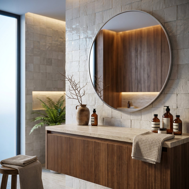 Grand miroir mural rond en métal argenté avec un design incassable pour une décoration moderne