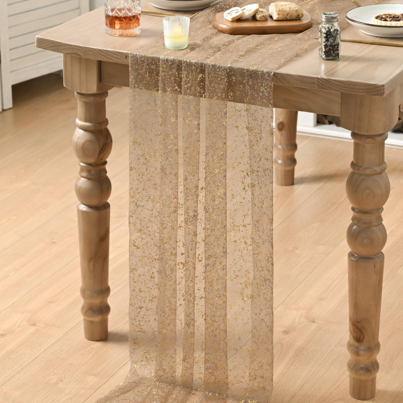 Chemin de table 3 pièces couleur or café, en gaze transparente de 3 m (120 pouces), orné de paillettes métalliques, idéal pour décorer une table lors d'un repas, d'un mariage, d'un anniversaire ou d'une fête à la maison.