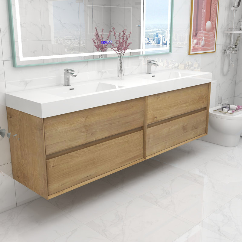 83.4'' Double Bathroom Vanity with Acrylic Top, Dark Oak