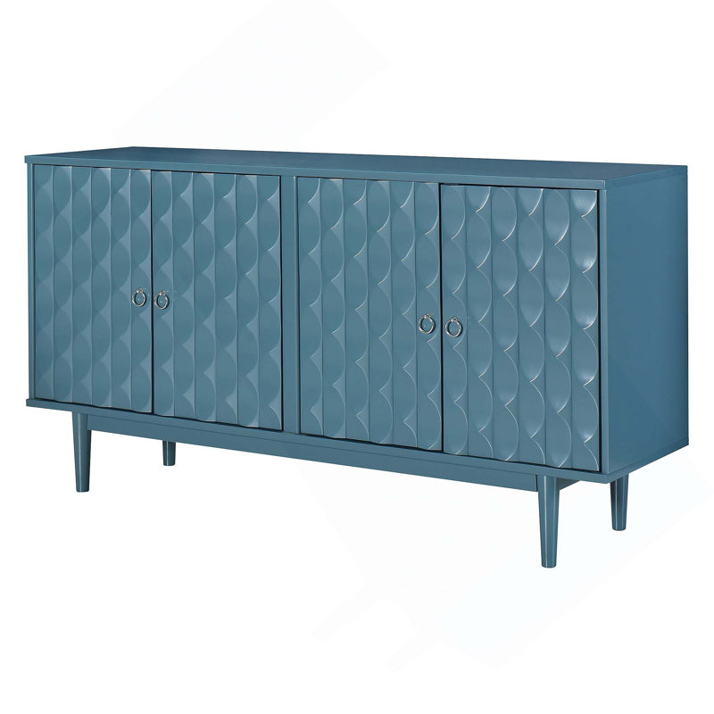 Buffet de rangement en bois avec portes à motif convexe et 2 poignées argentées, Bleu marine
